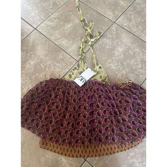 NWT Zara XS Printed Halter Neck Tunic Blouse Tiered Metallic Accent - Picture 1 of 6